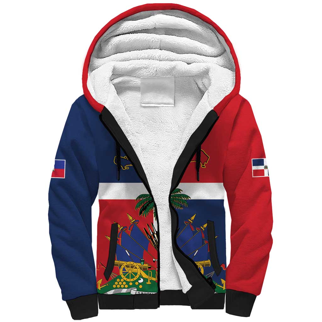 Hispaniola Map Sherpa Hoodie Dominican Republic Haiti Flag Together