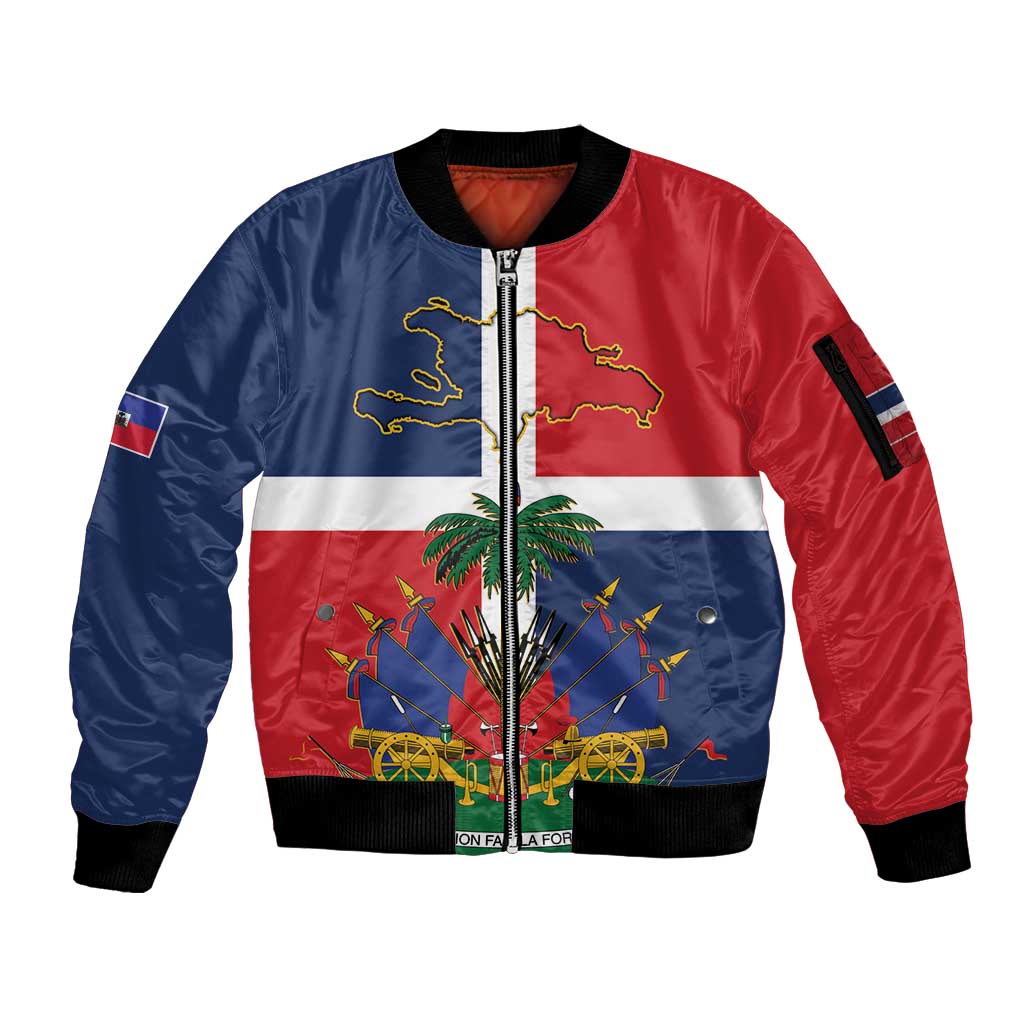 Hispaniola Map Sleeve Zip Bomber Jacket Dominican Republic Haiti Flag Together