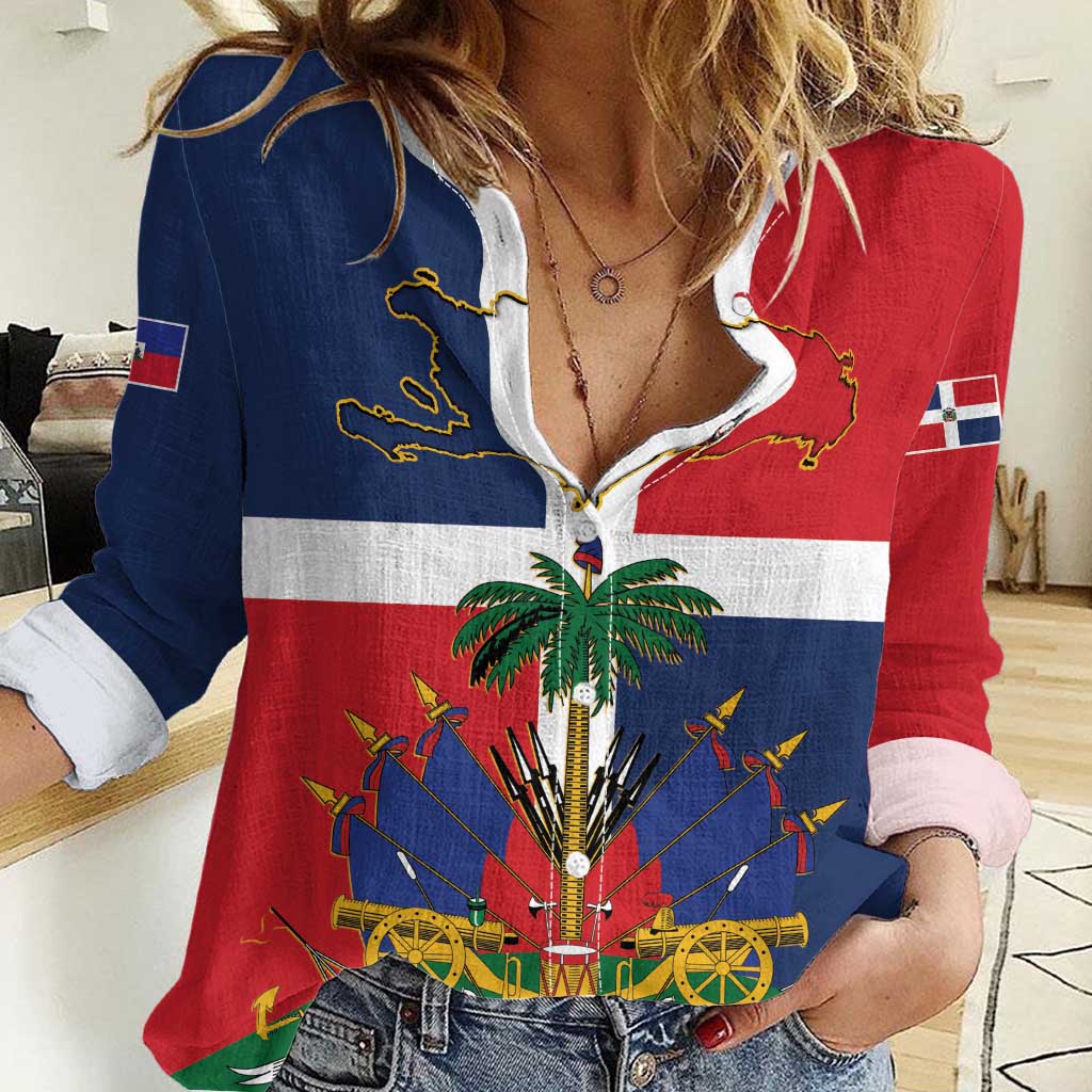Hispaniola Map Women Casual Shirt Dominican Republic Haiti Flag Together