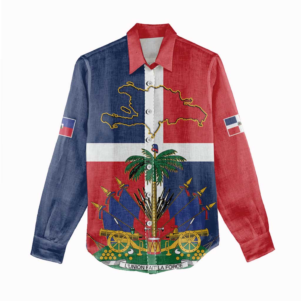 Hispaniola Map Women Casual Shirt Dominican Republic Haiti Flag Together