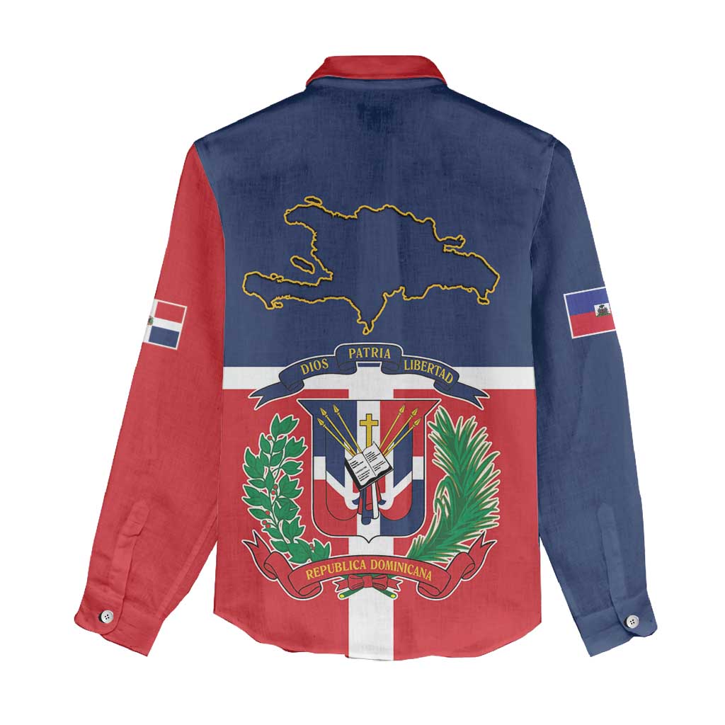 Hispaniola Map Women Casual Shirt Dominican Republic Haiti Flag Together