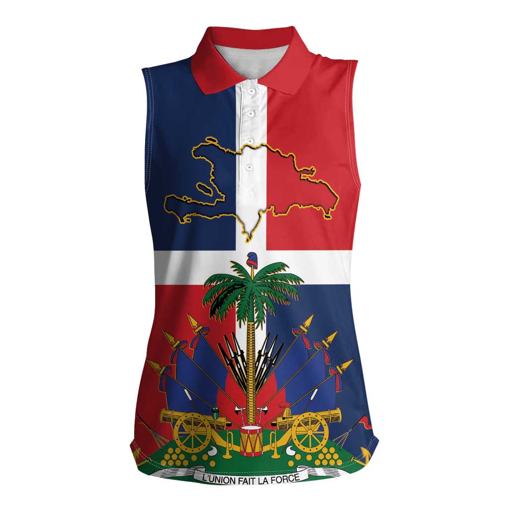 Hispaniola Map Women Sleeveless Polo Shirt Dominican Republic Haiti Flag Together
