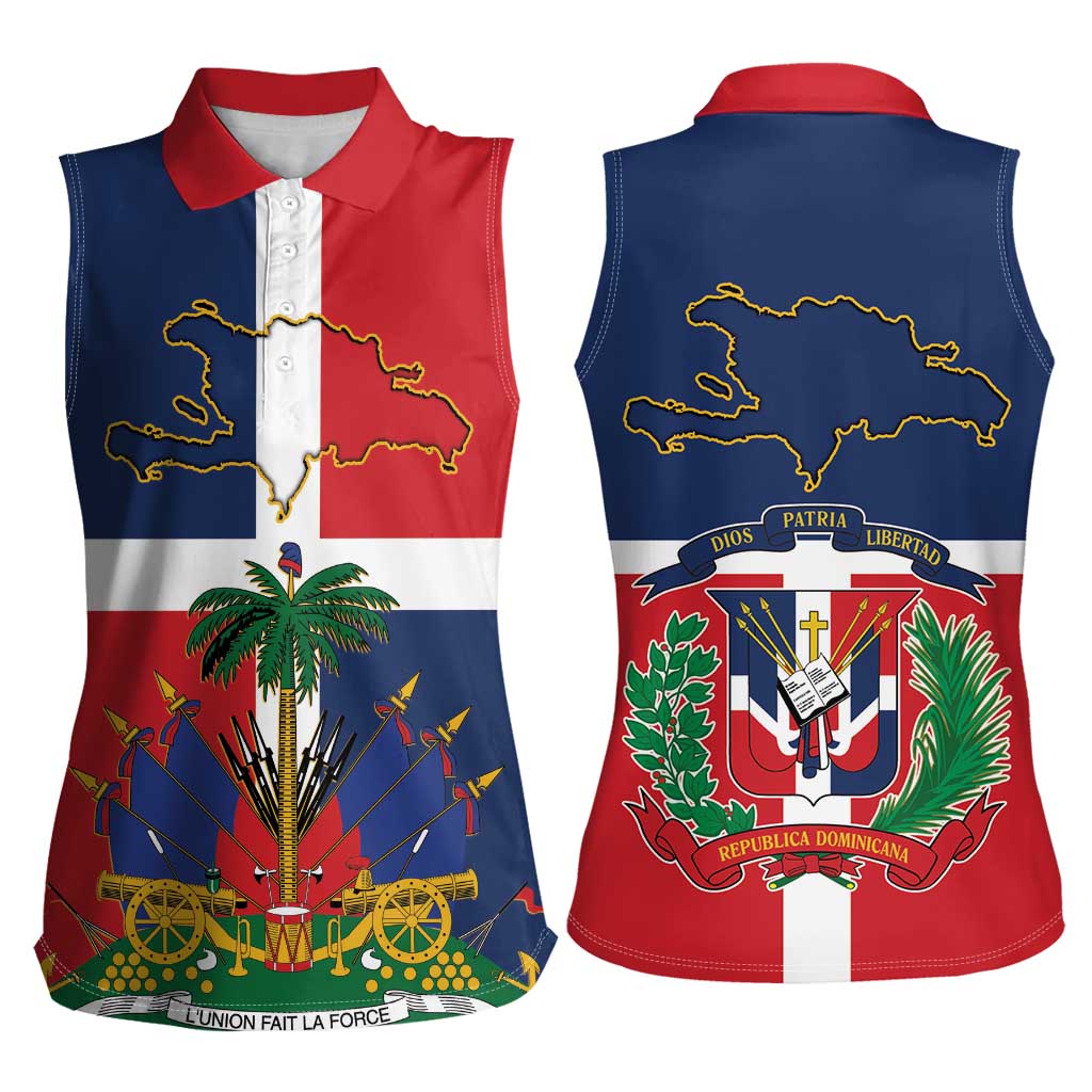 Hispaniola Map Women Sleeveless Polo Shirt Dominican Republic Haiti Flag Together