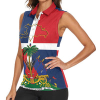 Hispaniola Map Women Sleeveless Polo Shirt Dominican Republic Haiti Flag Together