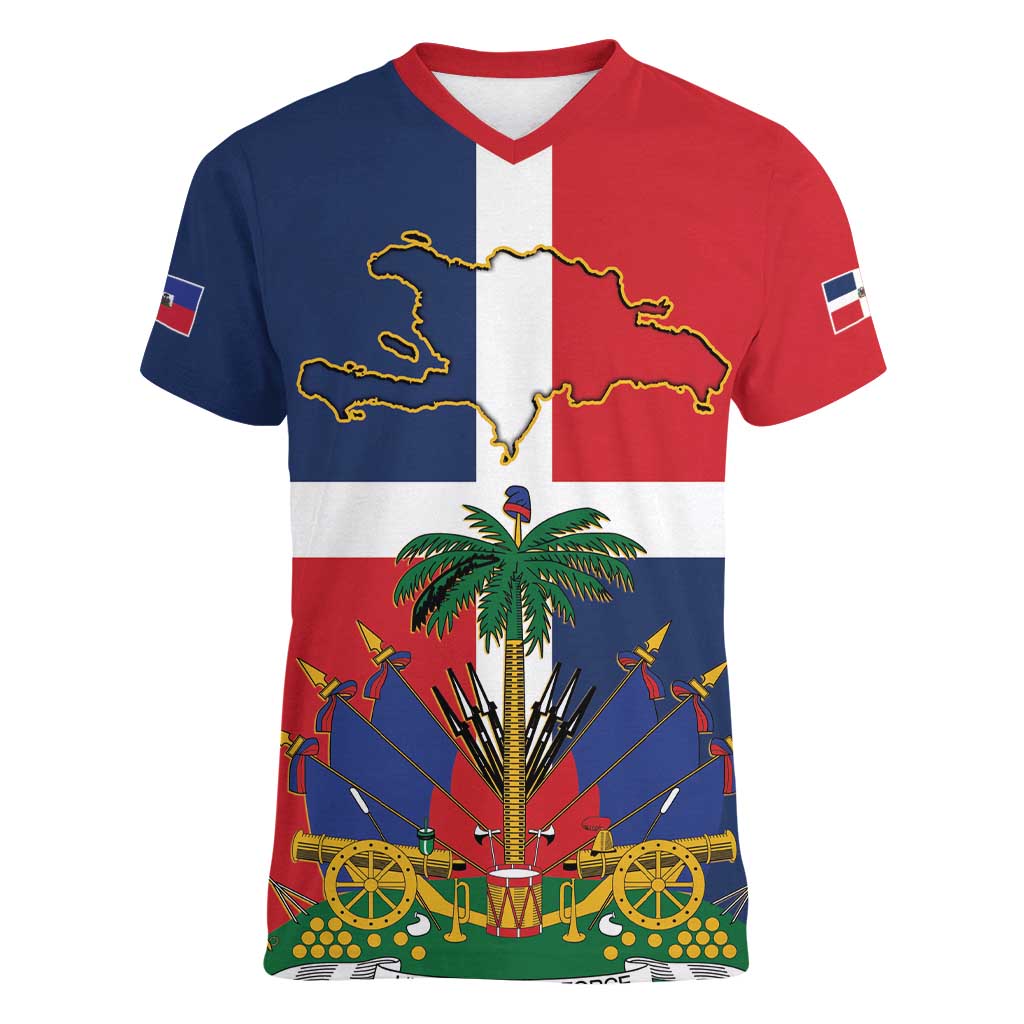 Hispaniola Map Women V-Neck T-Shirt Dominican Republic Haiti Flag Together