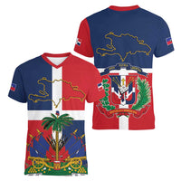 Hispaniola Map Women V-Neck T-Shirt Dominican Republic Haiti Flag Together