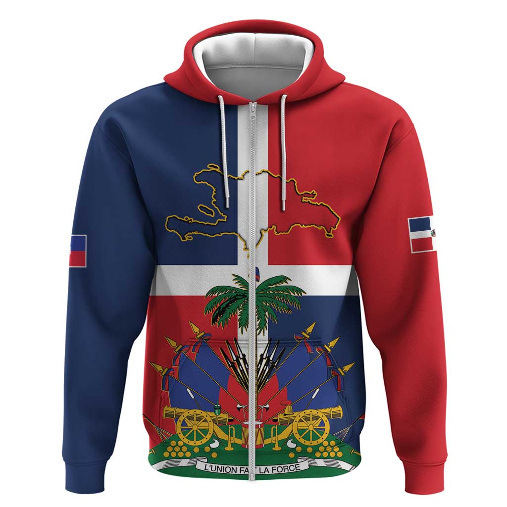 Hispaniola Map Zip Hoodie Dominican Republic Haiti Flag Together