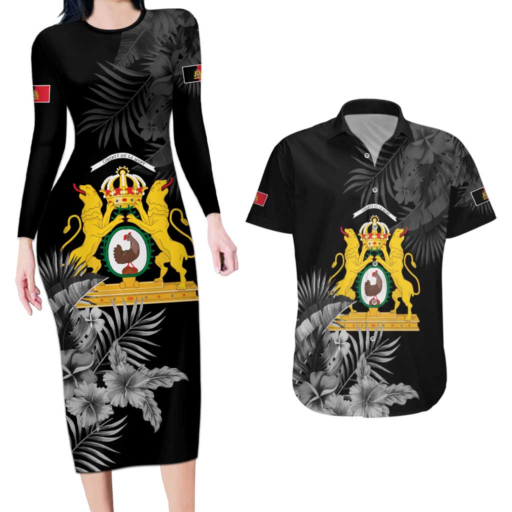 First Empire of Haiti Personalized Couples Matching Long Sleeve Bodycon Dress and Hawaiian Shirt Black Hibiscus Liberte ou la Mort!