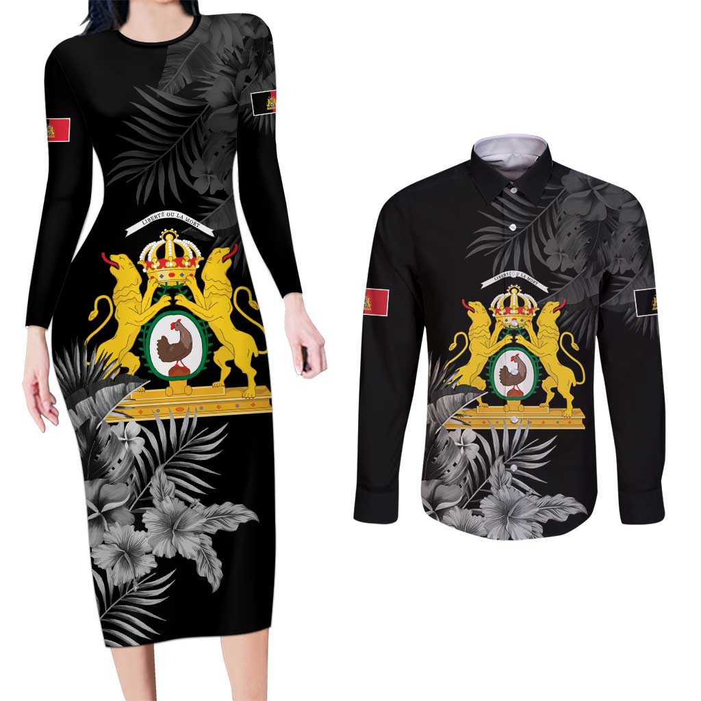 First Empire of Haiti Personalized Couples Matching Long Sleeve Bodycon Dress and Long Sleeve Button Shirt Black Hibiscus Liberte ou la Mort!