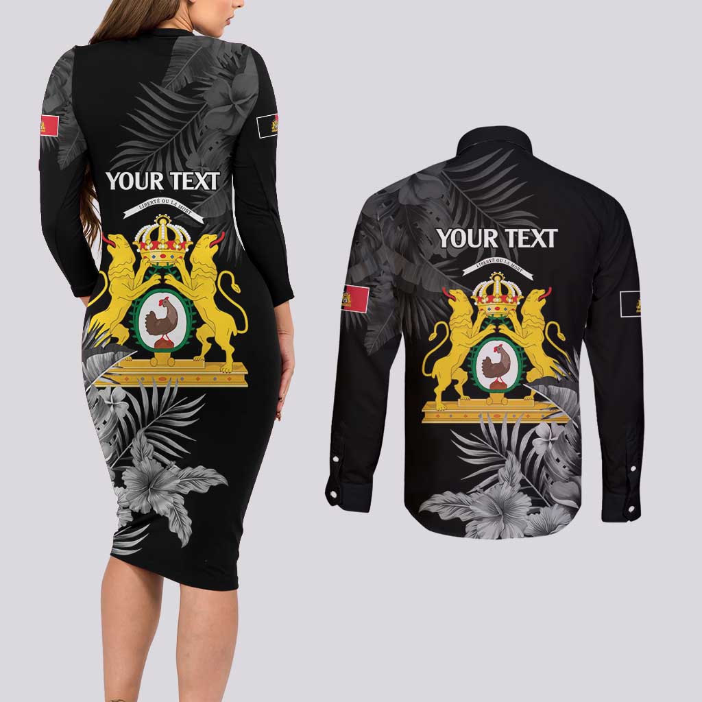First Empire of Haiti Personalized Couples Matching Long Sleeve Bodycon Dress and Long Sleeve Button Shirt Black Hibiscus Liberte ou la Mort!