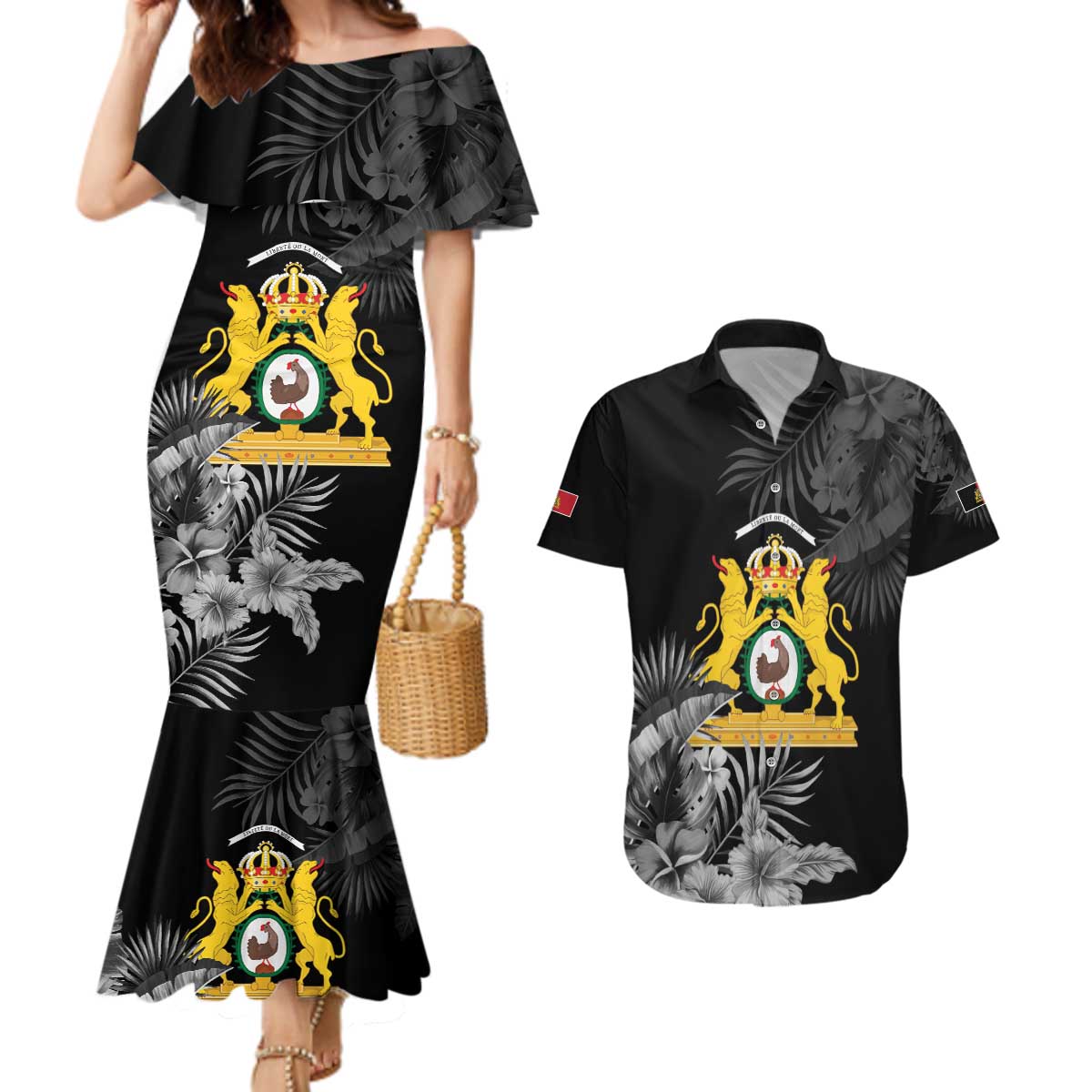 First Empire of Haiti Personalized Couples Matching Mermaid Dress and Hawaiian Shirt Black Hibiscus Liberte ou la Mort!