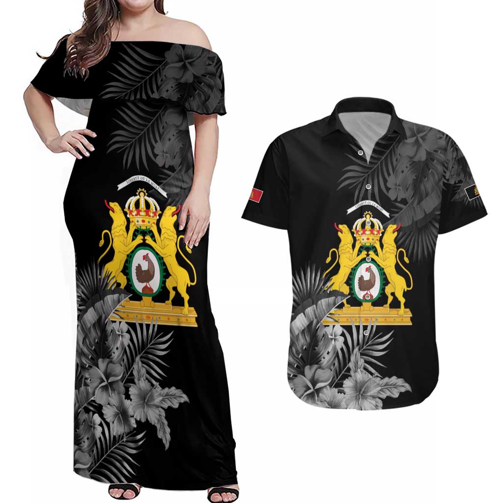 First Empire of Haiti Personalized Couples Matching Off Shoulder Maxi Dress and Hawaiian Shirt Black Hibiscus Liberte ou la Mort!