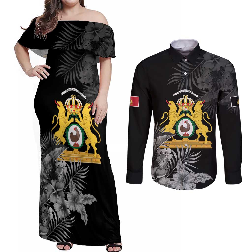 First Empire of Haiti Personalized Couples Matching Off Shoulder Maxi Dress and Long Sleeve Button Shirt Black Hibiscus Liberte ou la Mort!