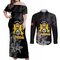 First Empire of Haiti Personalized Couples Matching Off Shoulder Maxi Dress and Long Sleeve Button Shirt Black Hibiscus Liberte ou la Mort!