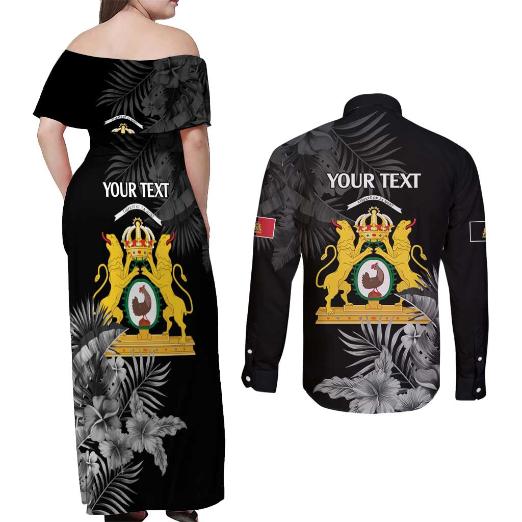 First Empire of Haiti Personalized Couples Matching Off Shoulder Maxi Dress and Long Sleeve Button Shirt Black Hibiscus Liberte ou la Mort!