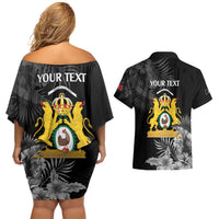 First Empire of Haiti Personalized Couples Matching Off Shoulder Short Dress and Hawaiian Shirt Black Hibiscus Liberte ou la Mort!