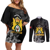First Empire of Haiti Personalized Couples Matching Off Shoulder Short Dress and Long Sleeve Button Shirt Black Hibiscus Liberte ou la Mort!