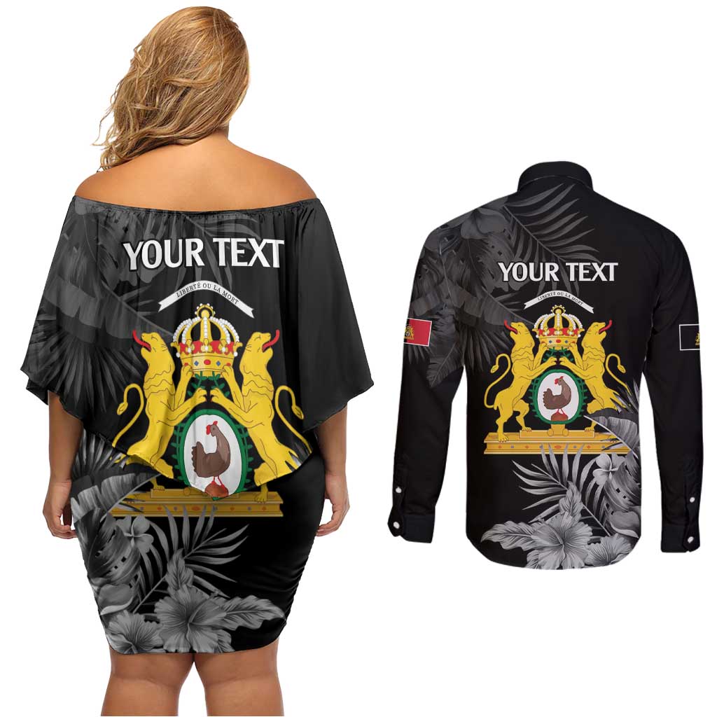 First Empire of Haiti Personalized Couples Matching Off Shoulder Short Dress and Long Sleeve Button Shirt Black Hibiscus Liberte ou la Mort!
