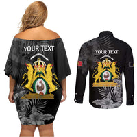 First Empire of Haiti Personalized Couples Matching Off Shoulder Short Dress and Long Sleeve Button Shirt Black Hibiscus Liberte ou la Mort!
