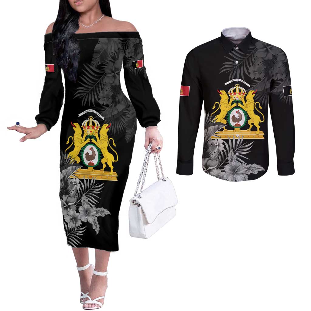 First Empire of Haiti Personalized Couples Matching Off The Shoulder Long Sleeve Dress and Long Sleeve Button Shirt Black Hibiscus Liberte ou la Mort!
