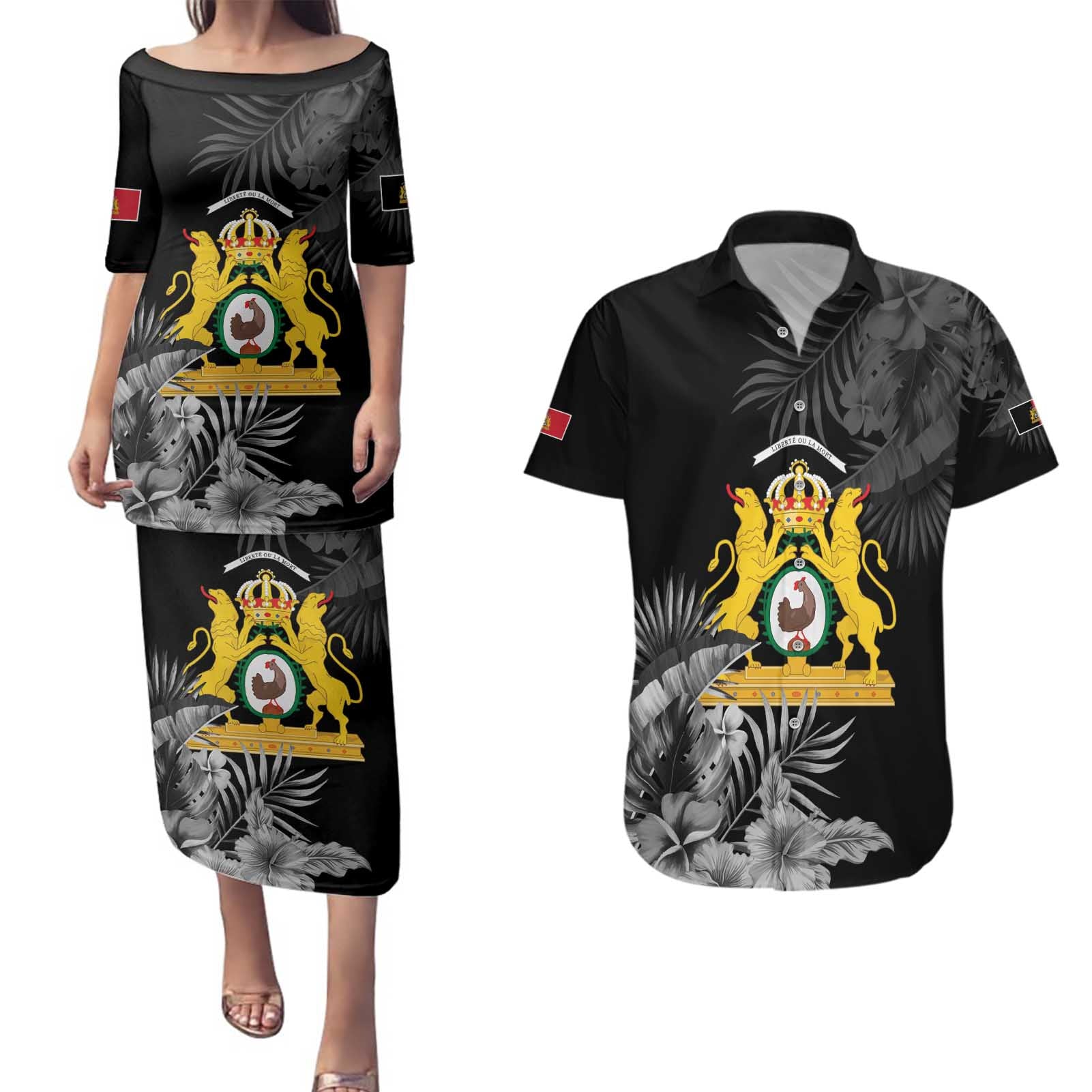 First Empire of Haiti Personalized Couples Matching Puletasi and Hawaiian Shirt Black Hibiscus Liberte ou la Mort!