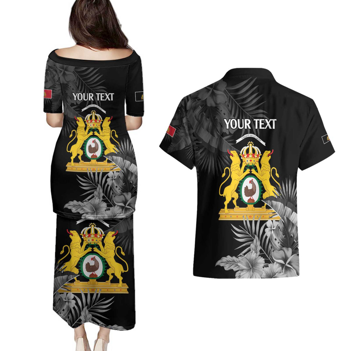 First Empire of Haiti Personalized Couples Matching Puletasi and Hawaiian Shirt Black Hibiscus Liberte ou la Mort!