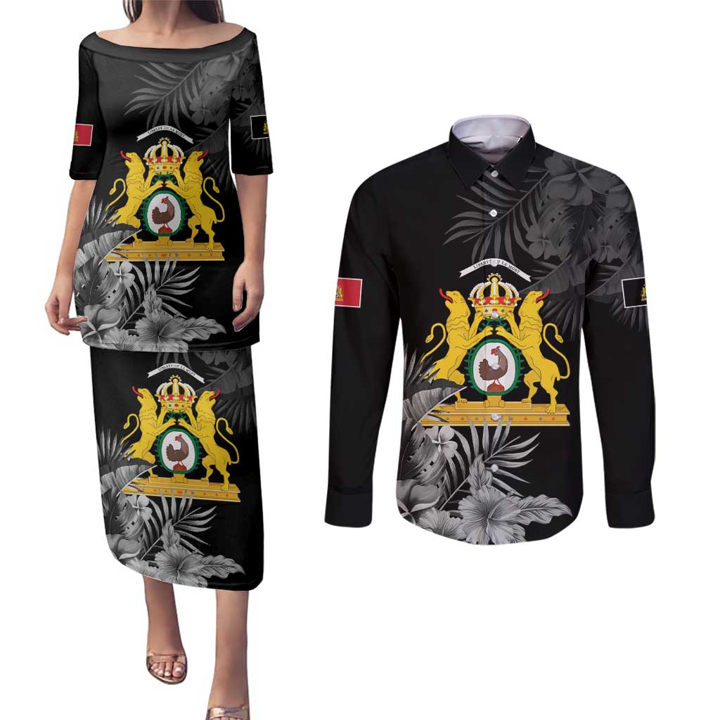 First Empire of Haiti Personalized Couples Matching Puletasi and Long Sleeve Button Shirt Black Hibiscus Liberte ou la Mort!