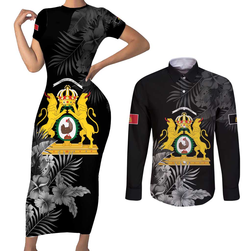 First Empire of Haiti Personalized Couples Matching Short Sleeve Bodycon Dress and Long Sleeve Button Shirt Black Hibiscus Liberte ou la Mort!