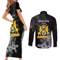 First Empire of Haiti Personalized Couples Matching Short Sleeve Bodycon Dress and Long Sleeve Button Shirt Black Hibiscus Liberte ou la Mort!