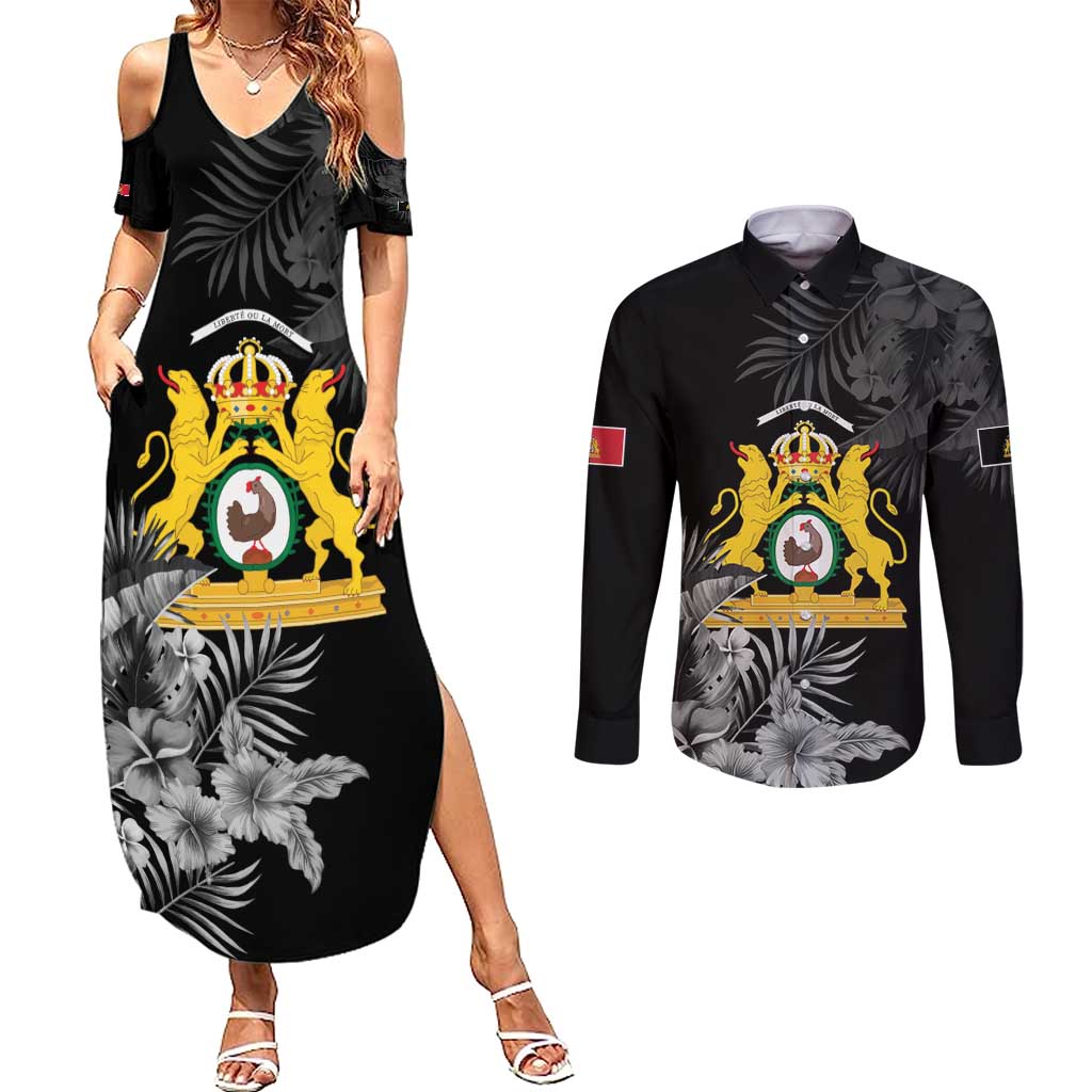 First Empire of Haiti Personalized Couples Matching Summer Maxi Dress and Long Sleeve Button Shirt Black Hibiscus Liberte ou la Mort!