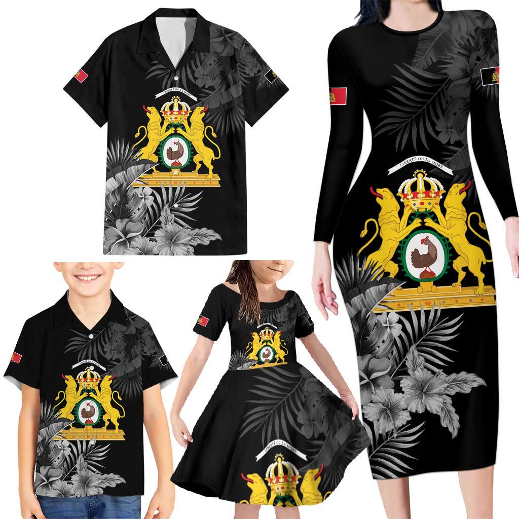 First Empire of Haiti Personalized Family Matching Long Sleeve Bodycon Dress and Hawaiian Shirt Black Hibiscus Liberte ou la Mort!