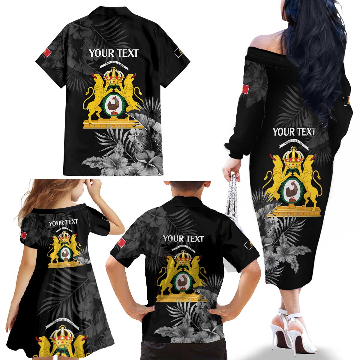 First Empire of Haiti Personalized Family Matching Off The Shoulder Long Sleeve Dress and Hawaiian Shirt Black Hibiscus Liberte ou la Mort!