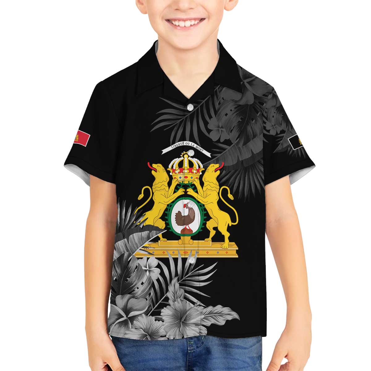 First Empire of Haiti Personalized Family Matching Off The Shoulder Long Sleeve Dress and Hawaiian Shirt Black Hibiscus Liberte ou la Mort!