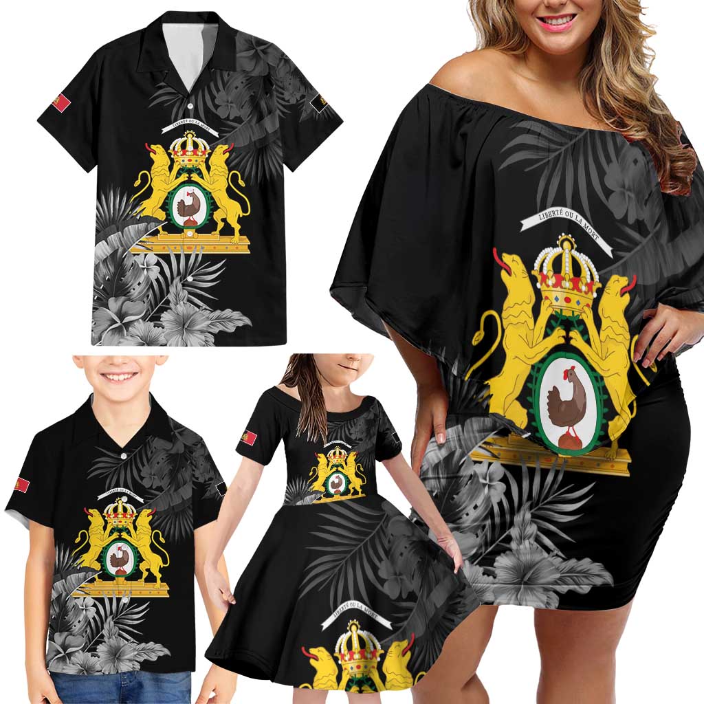First Empire of Haiti Personalized Family Matching Off Shoulder Short Dress and Hawaiian Shirt Black Hibiscus Liberte ou la Mort!