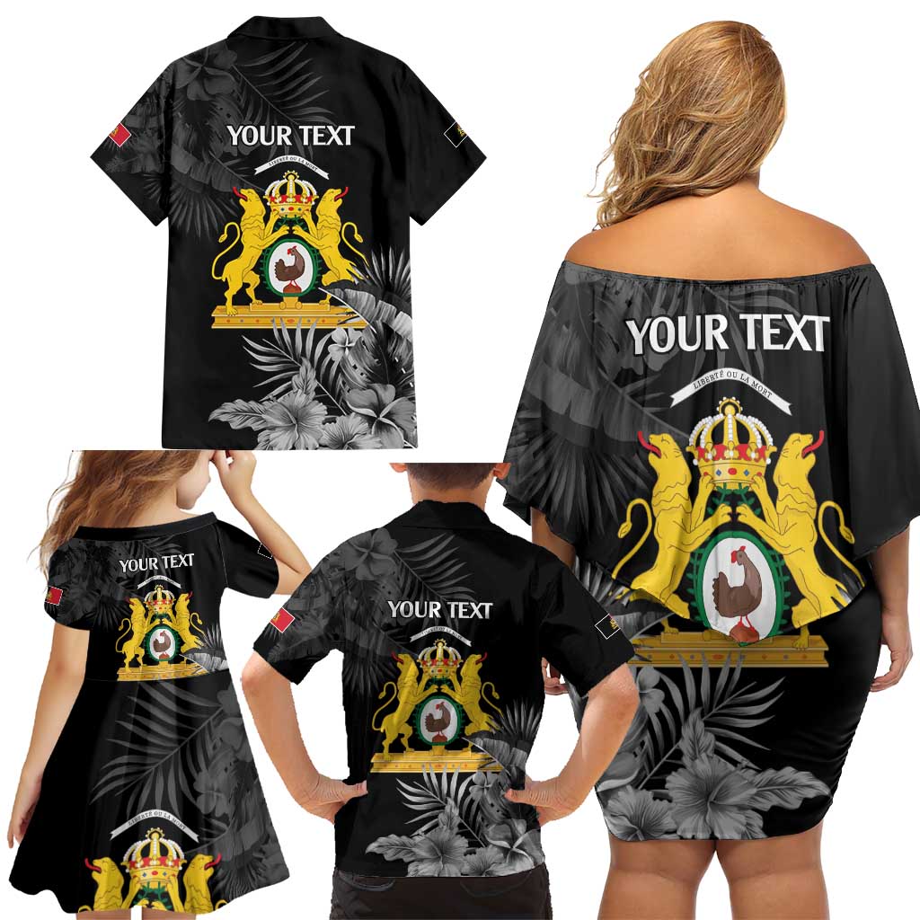 First Empire of Haiti Personalized Family Matching Off Shoulder Short Dress and Hawaiian Shirt Black Hibiscus Liberte ou la Mort!