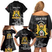 First Empire of Haiti Personalized Family Matching Off Shoulder Short Dress and Hawaiian Shirt Black Hibiscus Liberte ou la Mort!
