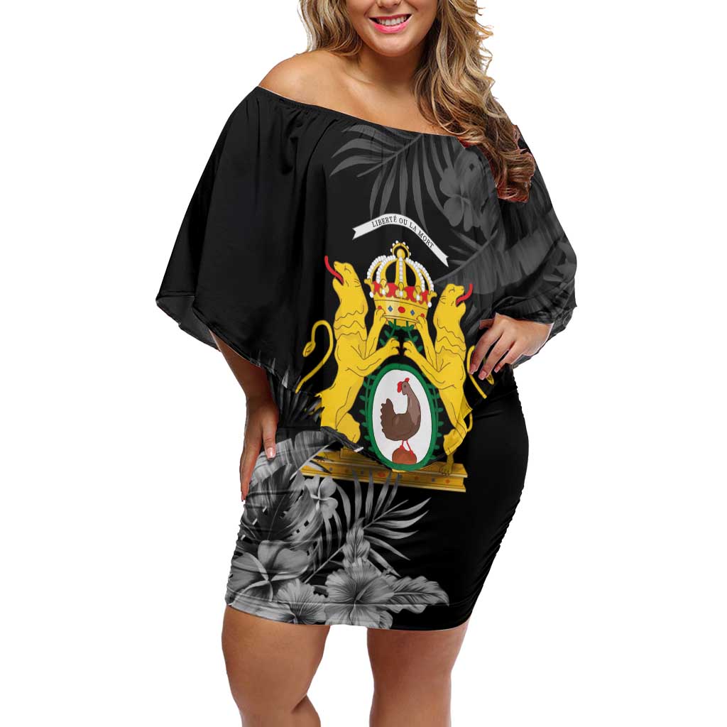 First Empire of Haiti Personalized Family Matching Off Shoulder Short Dress and Hawaiian Shirt Black Hibiscus Liberte ou la Mort!