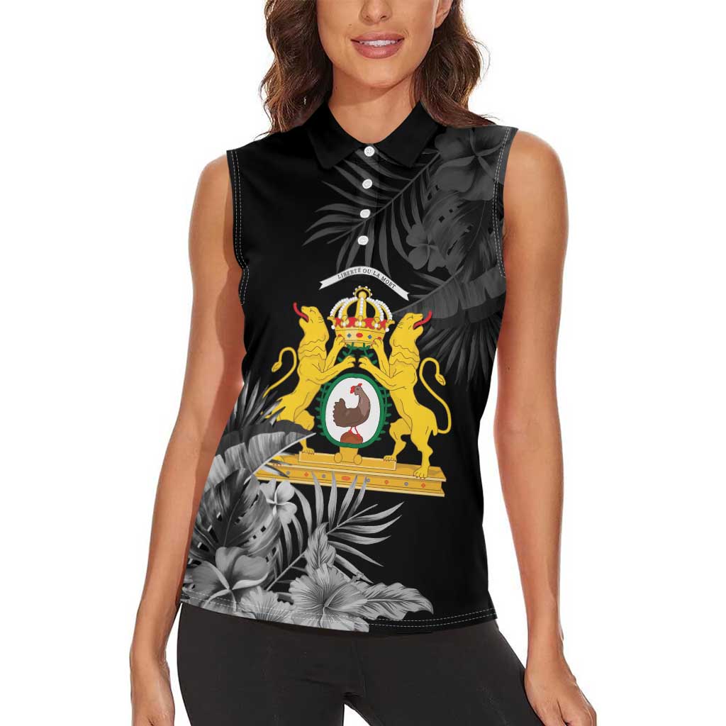 First Empire of Haiti Personalized Women Sleeveless Polo Shirt Black Hibiscus Liberte ou la Mort!