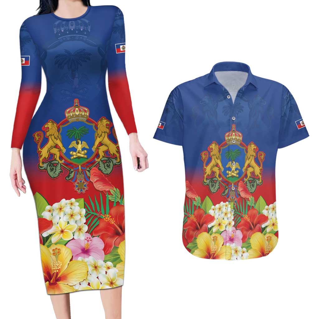 Second Empire of Haiti 1849-1859 Personalized Couples Matching Long Sleeve Bodycon Dress and Hawaiian Shirt Tropical Hibiscus Flowers