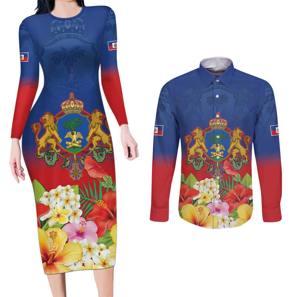 Second Empire of Haiti 1849-1859 Personalized Couples Matching Long Sleeve Bodycon Dress and Long Sleeve Button Shirt Tropical Hibiscus Flowers
