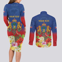 Second Empire of Haiti 1849-1859 Personalized Couples Matching Long Sleeve Bodycon Dress and Long Sleeve Button Shirt Tropical Hibiscus Flowers