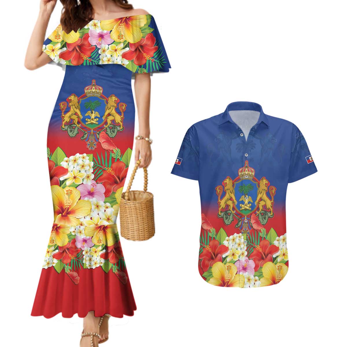 Second Empire of Haiti 1849-1859 Personalized Couples Matching Mermaid Dress and Hawaiian Shirt Tropical Hibiscus Flowers