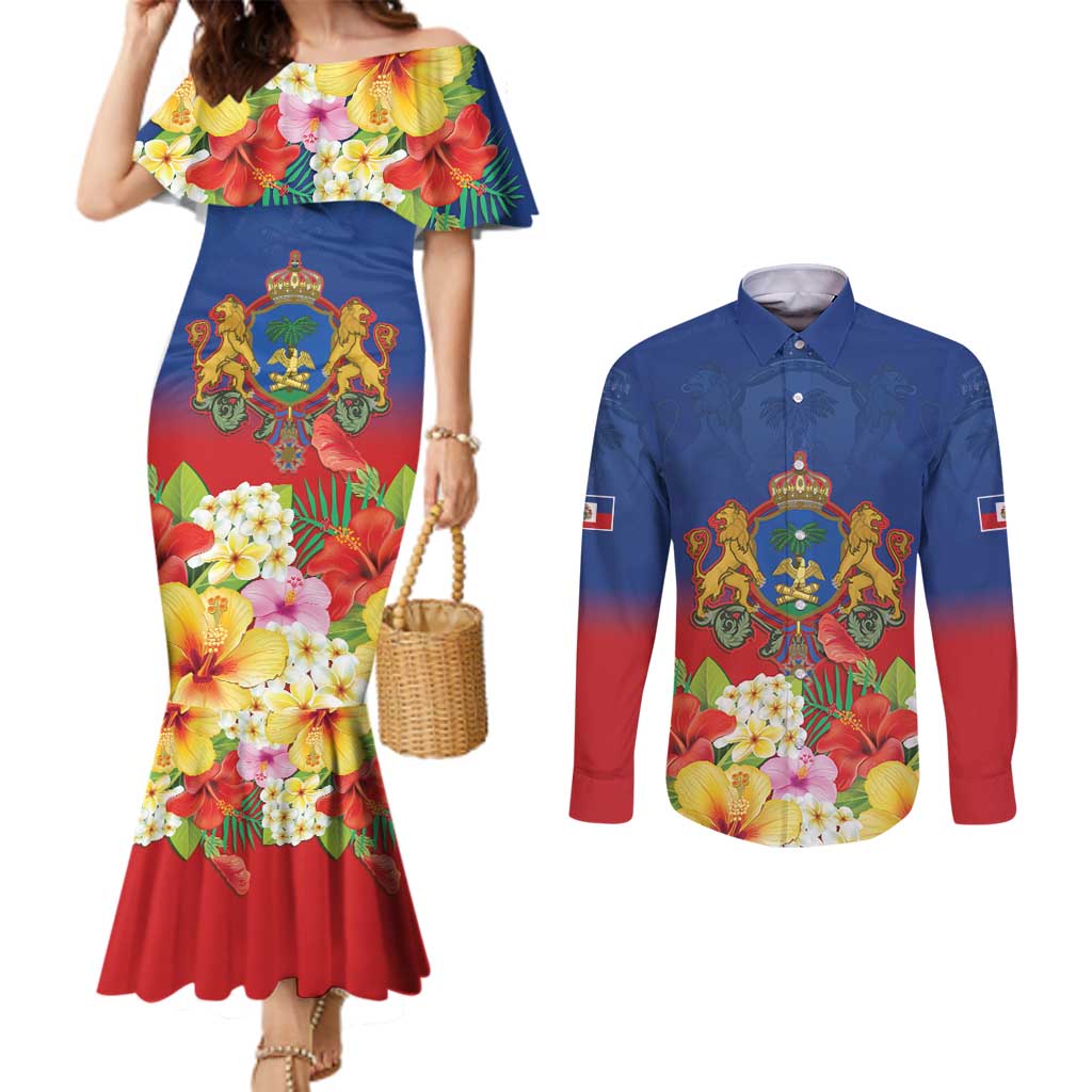Second Empire of Haiti 1849-1859 Personalized Couples Matching Mermaid Dress and Long Sleeve Button Shirt Tropical Hibiscus Flowers