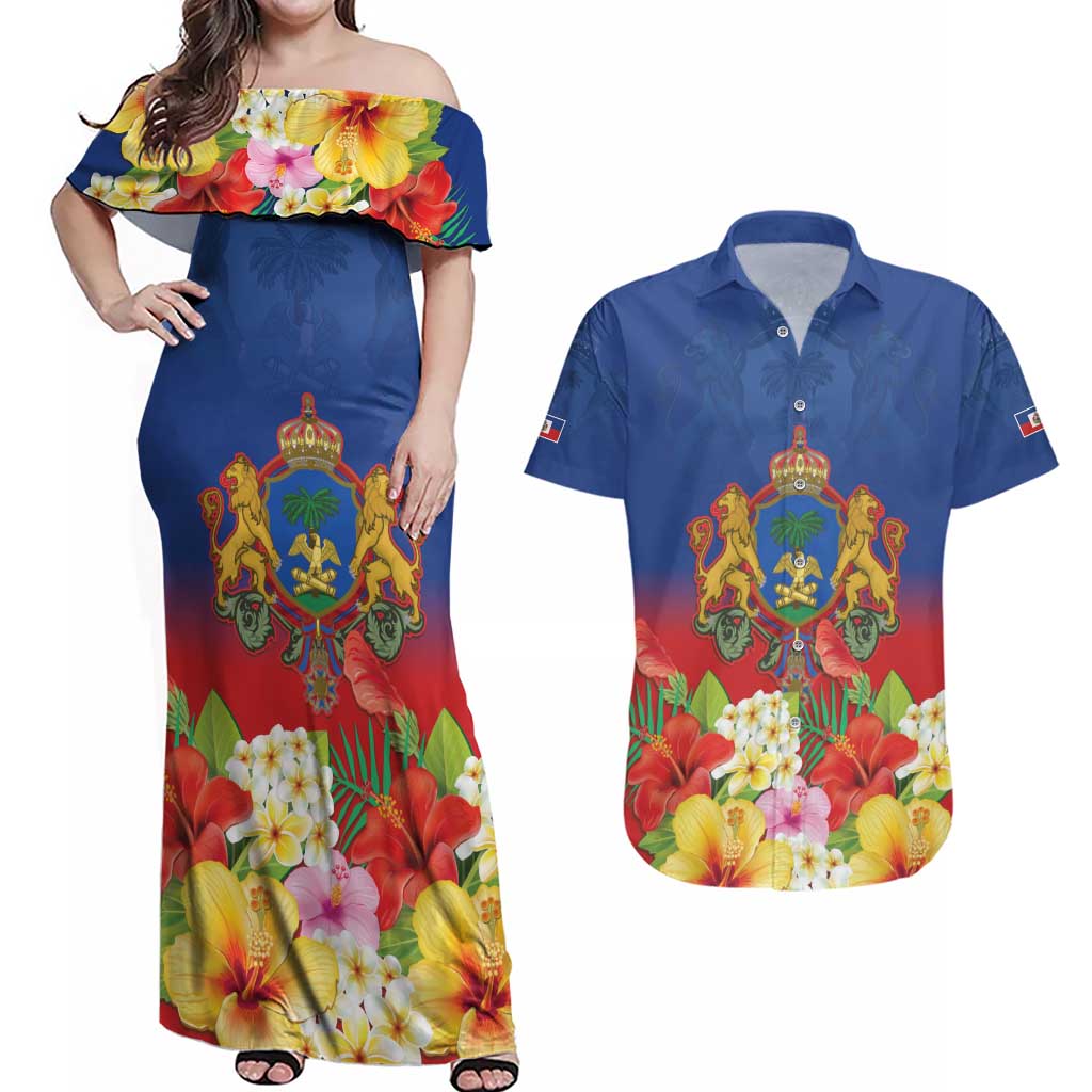 Second Empire of Haiti 1849-1859 Personalized Couples Matching Off Shoulder Maxi Dress and Hawaiian Shirt Tropical Hibiscus Flowers