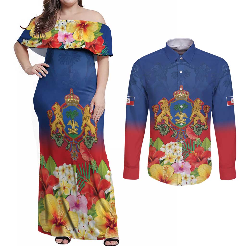 Second Empire of Haiti 1849-1859 Personalized Couples Matching Off Shoulder Maxi Dress and Long Sleeve Button Shirt Tropical Hibiscus Flowers