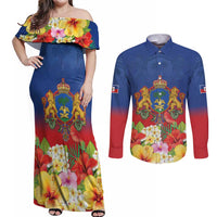Second Empire of Haiti 1849-1859 Personalized Couples Matching Off Shoulder Maxi Dress and Long Sleeve Button Shirt Tropical Hibiscus Flowers