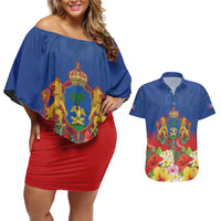 Second Empire of Haiti 1849-1859 Personalized Couples Matching Off Shoulder Short Dress and Hawaiian Shirt Tropical Hibiscus Flowers