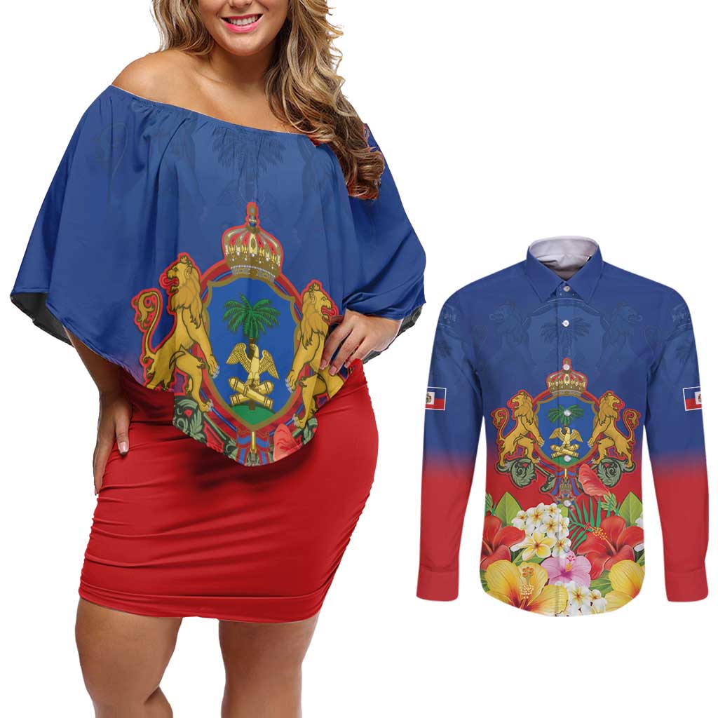 Second Empire of Haiti 1849-1859 Personalized Couples Matching Off Shoulder Short Dress and Long Sleeve Button Shirt Tropical Hibiscus Flowers