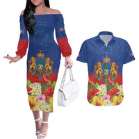 Second Empire of Haiti 1849-1859 Personalized Couples Matching Off The Shoulder Long Sleeve Dress and Hawaiian Shirt Tropical Hibiscus Flowers
