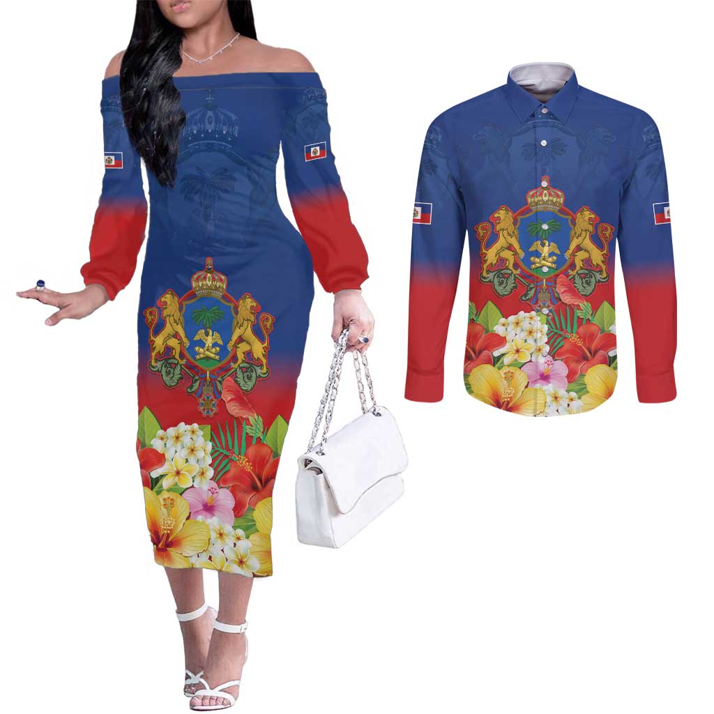 Second Empire of Haiti 1849-1859 Personalized Couples Matching Off The Shoulder Long Sleeve Dress and Long Sleeve Button Shirt Tropical Hibiscus Flowers